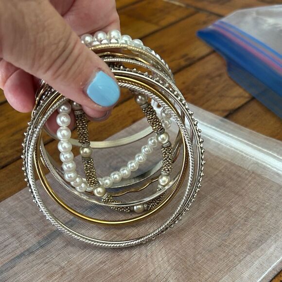 Vintage to Modern Gold and Silver Bangle Set with Pearls 9 total - Picture 3 of 4